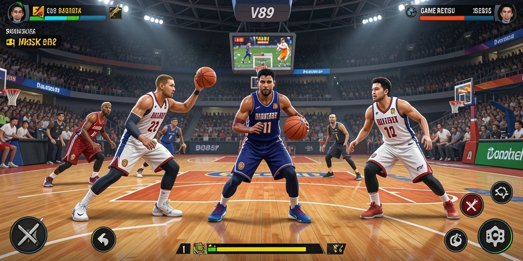 Tampilan antarmuka dan kontrol permainan Basket V89 yang menarik.